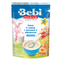Каша Bebi Premium 5 злаков с малиной и абрикосом молочная, с 6 мес., 200 гр
