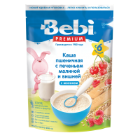 Каша Bebi Premium пшеничная с печеньем, малиной и вишней молочная, с 6 мес., 200 гр 